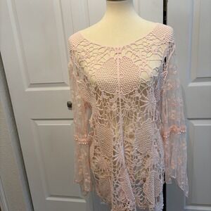 Brand 1946, Women's Croched Pink Shirt with Laced Long Sleeved Shirt